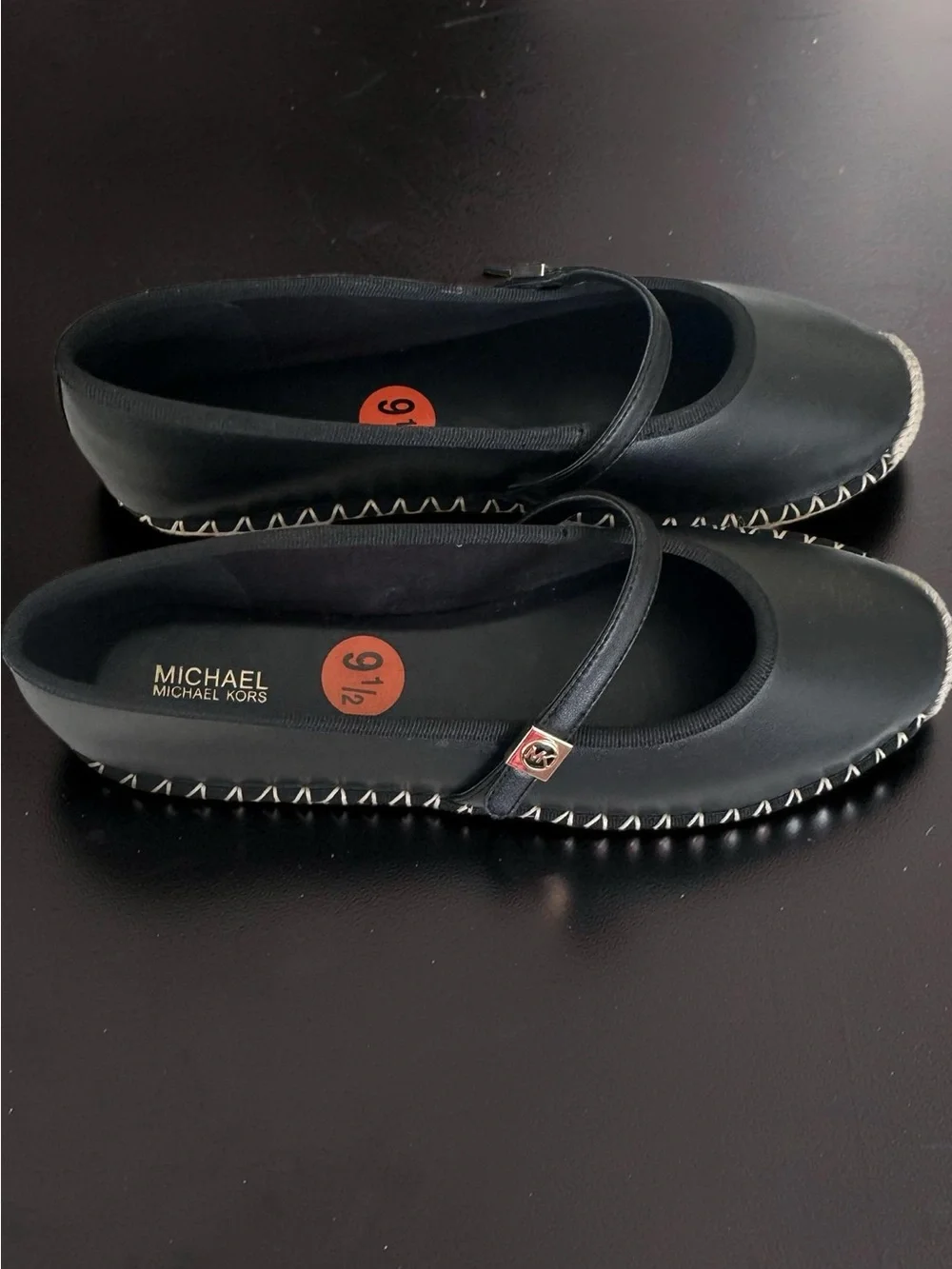 New Michael Kors Black Leather Mary Jane Espadrille Flats with Jute Trim Size 9.
